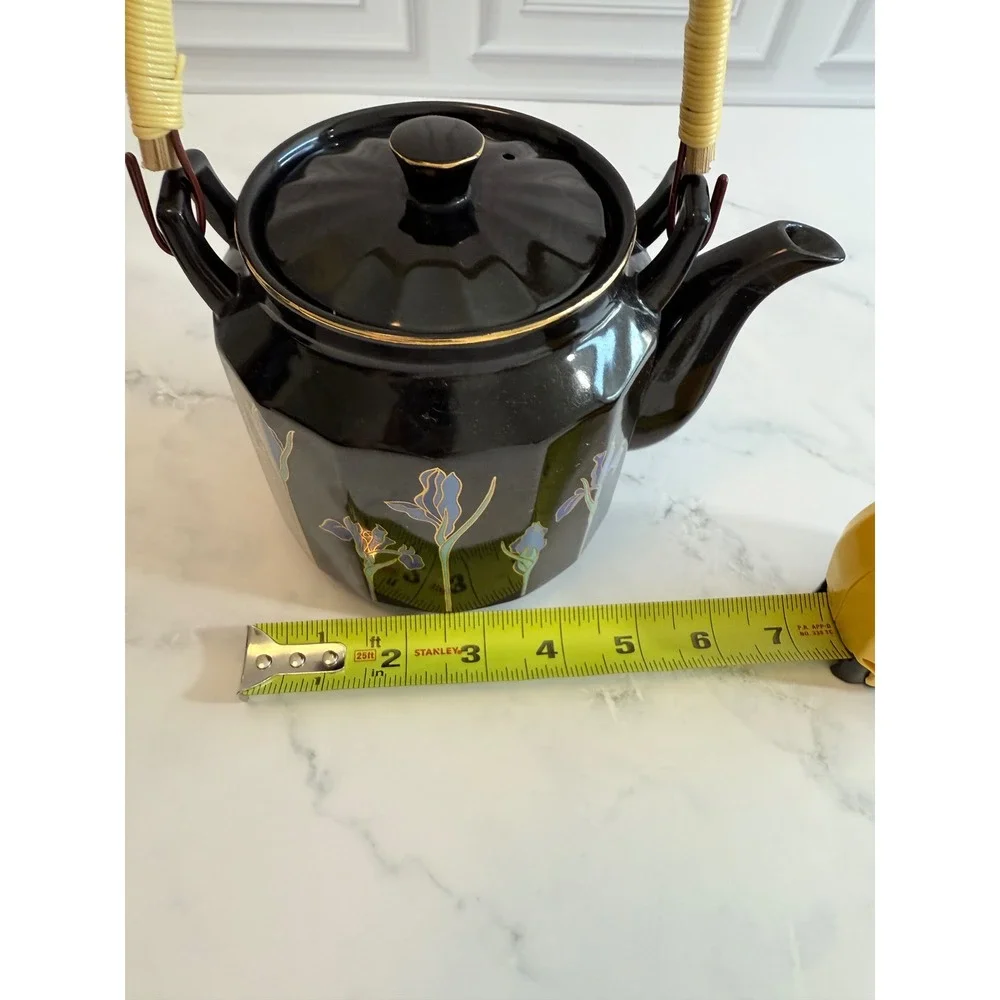 VTG Otagiri Japan Black Blue Iris Teapot‎ Rattan Handle w/4 Teacups Set